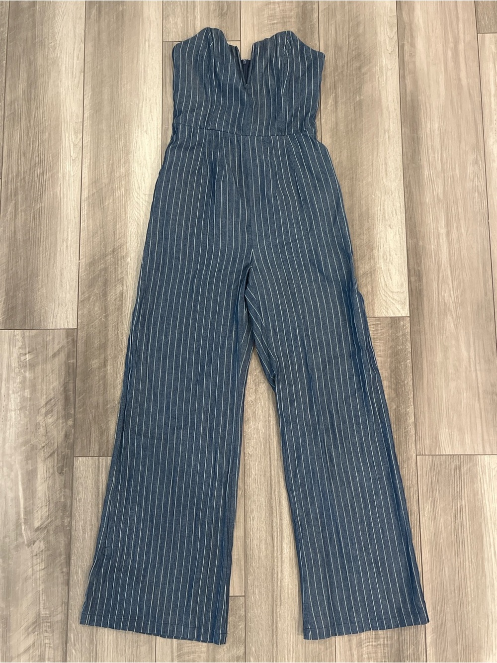 Vici Navy Pinstripe Strapless Wide-Leg Jumpsuit